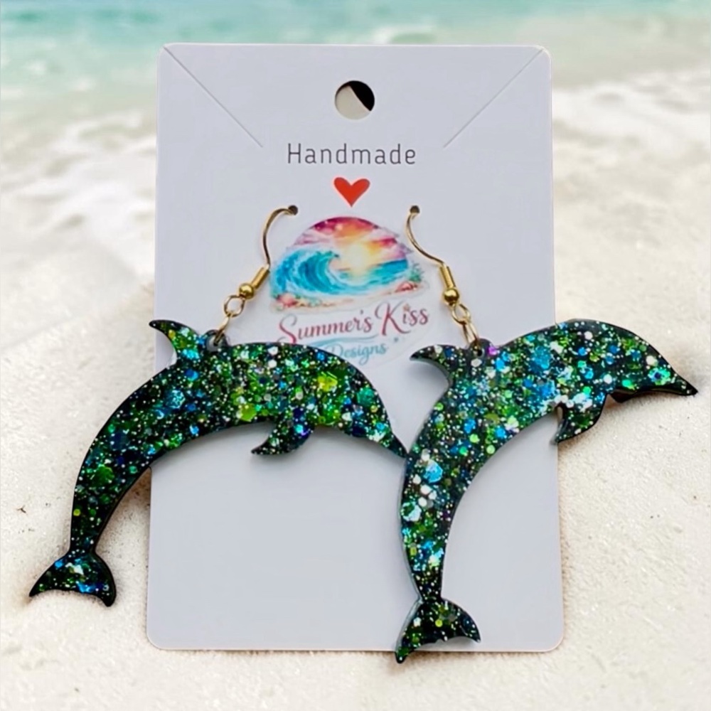 Handmade resin Glitter Dolphin Earrings in Green Blue